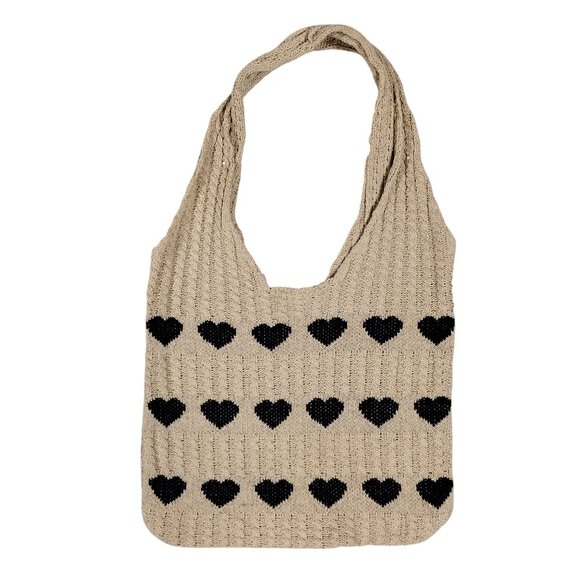 No brand Handbags - Crochet Tote Bag Tan and Black Heart Pattern Boho / Hobo Style